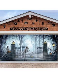 a garage door with a halloween scene painted on the front and side wall in it