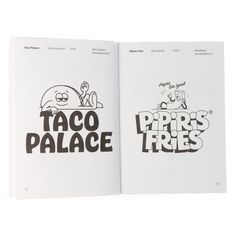 an open book with the title taco palace printed in black and white on it