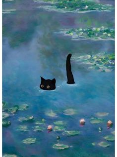 a painting of a black cat in water with lily pads