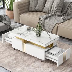 a living room filled with furniture and a white coffee table on top of a rug