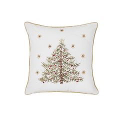 a white pillow with a christmas tree embroidered on the front and bottom, in gold trimming