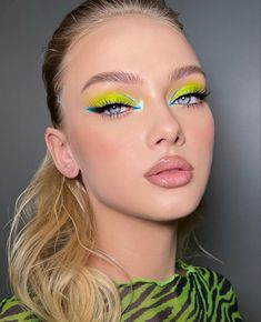 Neon Green Makeup Looks, Yellow And Green Makeup, Green And Yellow Makeup, Yellow Makeup Looks, Neon Eye Makeup, Yellow Makeup, Neon Makeup