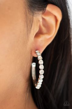 Paparazzi Accessories  - My Kind Of Shine #E35 Peg 14 - White Earring Gunmetal Earrings, White Hoop Earrings, Black Hoops Earrings, Ball Necklace, Paparazzi Accessories, White Rhinestone, Black Earrings, Paparazzi Jewelry, White Earrings