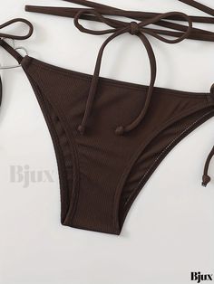 Bjux - Premium Rib-Knit Bikini Sets - Heart-Linked Halter Neck, Tie-Side High Cut Two-Piece Swimsuit for Women - Stylish Swimwear & Apparel Seamless Brown Bottoms For Beach, Brown Seamless Bottoms For Beach, Seamless Brown Beach Bottoms, Swimsuit For Women, Fabric Medium, High Cut, Deep V Neck, Halter Neck, Deep V