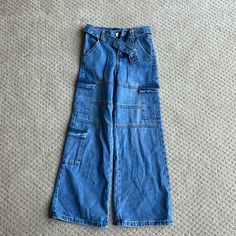 Great Condition, Never Worn, Without Tags. Blue Y2k Style Cargo Jeans For Spring, Trendy School Jeans With Pockets, Y2k Style High Rise Blue Cargo Jeans, Y2k High Rise Blue Cargo Jeans, Blue High Rise Cargo Jeans Y2k Style, High Waist Denim Jeans, Trendy Denim Jeans For School, School Denim Bottoms Medium Wash, School Denim Bottoms In Medium Wash