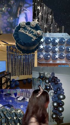 a collage of photos with balloons, cake and other items in the foreground