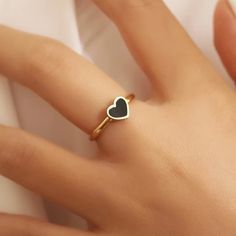 New Gold Plated Stainless Steel Black Heart Ring Black Heart Ring, Gold Heart Ring, 6 Rings, Ring Color, Black Heart, Womens Jewelry Rings, Heart Ring, Heart Shapes, Gold Rings