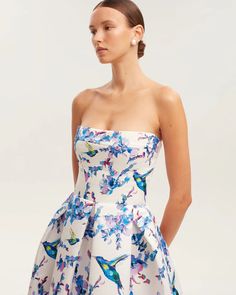 Strapless midi dress with bird and flower print, Garden of Eden ➤➤ Milla Dresses - USA, Worldwide delivery A Line Midi Dress, One Shoulder Dress Long, Spring Floral Prints, Winter Wedding Guest Dress, Elegant Wedding Guest Dress, Dress Weights, Rush Dresses, Floral Corset, Midi Flare Skirt