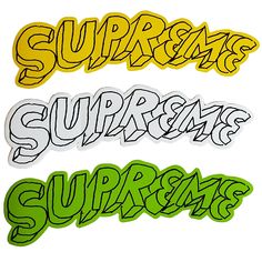 three stickers with the words supreme, supreme and supreme written in different font styles