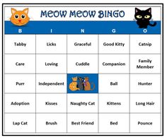 the meow meow bingo game is shown with cats and kittens on it