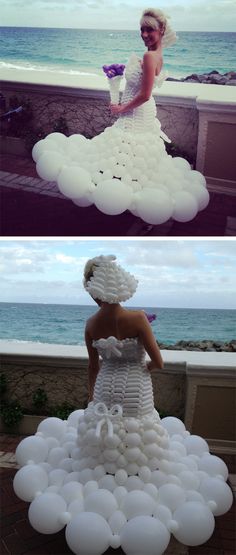 two pictures of a woman in a wedding dress made out of balloons on the beach