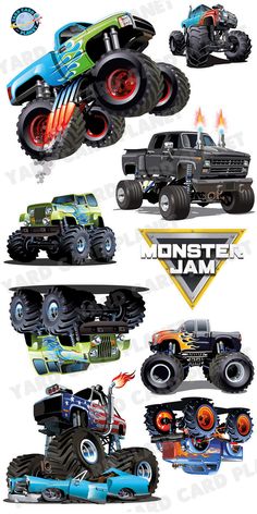 the monster trucks are all different colors and sizes