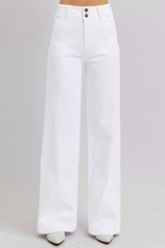 These wide leg jeans have a flattering fit and stylish design. With a high-rise waist and double button closure, they provide great support and shaping. The relaxed wide leg cut creates a chic silhouette, perfect for casual or dressy occasions when paired with a fitted top or blouse. Features: Pocketed Stretch: Slightly stretchy Material composition: 92% cotton, 6% polyester, 2% spandex Care instructions: Machine wash cold. Tumble dry low. Imported Size Waist Hip Inseam Rise 0(24) 24 30 32.5 11 1(25) 25 31 32.5 11 3(26) 26 32 32.5 11 5(27) 27 33 32.5 12 7(28) 28 34 32.5 12 9(29) 29 35 32.5 12 11(30) 30 36 32.5 13 13(31) 31 37 32.5 13 15(32) 32 38 32.5 13 1XL 34 39 32.5 14 2XL 36 41 32.5 14 3XL 38 43 32.5 14 White Wide Jeans, White Denim Pants, White Wide Leg Jeans, Activewear Sets, Fitted Top, Wide Leg Denim, White Pants, Dream Wardrobe, Christmas List