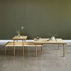 two tables with plants on them in front of a green wall and concrete flooring