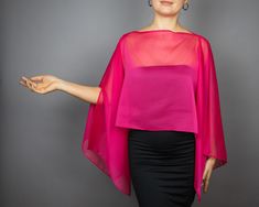 A very elegant and classical capelet for your wedding dress, evening dress or party outfit made of the finest chiffon  Color: hot pink (other colors are available)  Size: (fits all), but if you have any doubts, please contact me. WE have matching bags in our Etsy Shop! WE accept credit cards! Elegant Party Capelet, Chic Capelet With Cape Sleeves For Party, Chic Fitted Capelet For Parties, Elegant Silk Cape For Formal Occasions, Chic Capelet For Party, Elegant Fitted Party Cape, Elegant Capelet For Party, Elegant Party Cape With Cape Sleeves, Organza Clothing