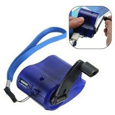 a hand holding a blue camera with a strap around it's neck and an electronic device attached to the handle