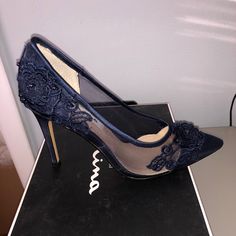 Beautiful Nina Navy Blue Satin And Mesh Pump With Flower And Bead Detail. Brand New Never Worn With Original Box. Leather Sole. Heel Measures 4 Inches. Pet And Smoke Free Home. Embellished Lace High Heels, Embellished Lace Heels For Party, Lace Embellished Heels For Party, Blue Embellished Heels With Pointed Toe, Blue Embellished Heels For Special Events, Elegant Blue Heels For Night Out, Elegant Lace Heels For Night Out, Chic Blue Heels For Prom, Elegant Blue Synthetic Heels