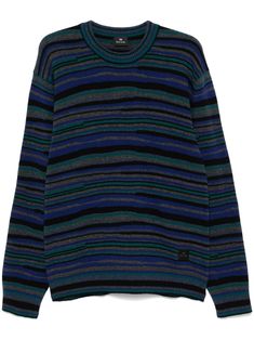 black/multicolour wool blend horizontal stripe pattern crew neck long sleeves logo patch to the front ribbed cuffs and hem Stripes Pattern Design, Stylish Logo, Versace Outfit, Mens Crew Neck, Paul Smith, Blue Sweaters, Stripes Design, Stripes Pattern, Crew Neck Sweater