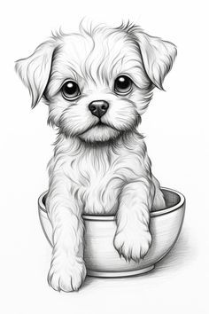 a drawing of a puppy sitting in a bowl