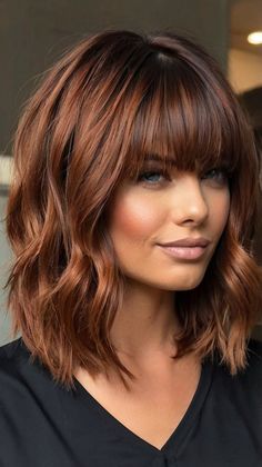 Six Ways to Accessorize Your Dark Copper French Bob 🎀 Brownish Red Hair Color Caramel Balayage, Short Dark Brown Hair With Copper Highlights, Copper Brown Hair Blue Eyes, Dark Copper Hair With Bangs, Fall Hair For Short Hair, Fall Hair Color Ideas 2024, Brown And Auburn Balayage, Long Bob Red Hair, Red Hair With Dimension