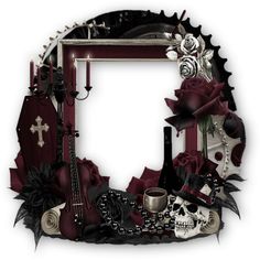 a gothic themed photo frame with skulls, roses and other items around it on a white background