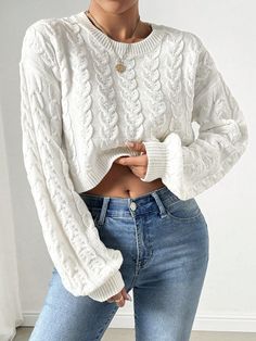 Solid Color Braided Oversized Crew Neck Long Sleeve Sweater For Women, Autumn/Winter White Casual  Long Sleeve Knitwear Plain Pullovers Slight Stretch All Women Clothing, size features are:Bust: ,Length: ,Sleeve Length: Aesthetic Outfit Ideas, Ladies Turtleneck Sweaters, Sweater For Women, Womens Turtleneck, Elegant Dresses Long, Cardigan Sweaters For Women, Knit Sweater Dress, Boho Women, White Casual