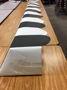 a long table with black and white designs on it