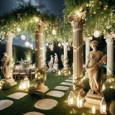 an outdoor dining area decorated with lights and statues