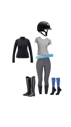 a woman's equestrian outfit is shown with boots, riding gear and gloves on