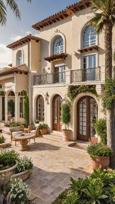 a large house with lots of windows and plants in the front yard, surrounded by palm trees