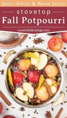 apples and cinnamons in a pot with text overlay that reads sweet apples & warm spices stovetop fall potpour