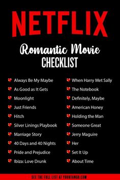 the netflix romantic movie checklist is shown in red and black with text overlay