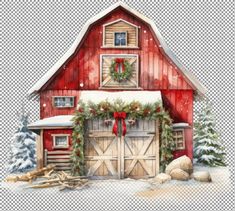 a watercolor painting of a barn with christmas decorations and wreaths on the door