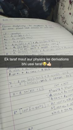 an open notebook with writing on it and the words e k tart maut aur physics ke devvations