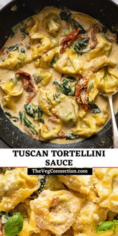 a pan filled with tortelli sauce and spinach leaves on top, next to the same image