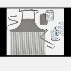 an apron, bib and pot holders are shown