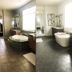 a large bathroom with an oval tub and tiled floor