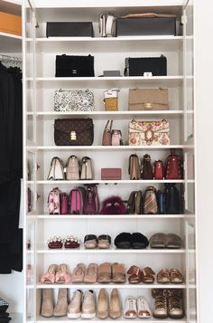 an organized closet with shoes, handbags and purses