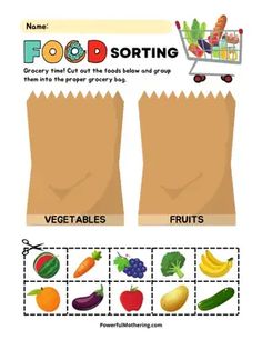 a grocery bag with fruits and vegetables in it, labeled to describe the food sorting process