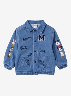 Dress up your little one in this Mickey and Friends jacket! With patch appliques  vintage prints  and character autographs  this apparel will elevate any look.A BoxLunch Exclusive!100% polyester; 100% cotton liningListed in toddler sizesWash cold with like colors; dry lowImported Disney Denim Jacket Patches, Disney Jean Jacket, Disney Jacket, Disney World Outfits, Holiday Hoodies, Denim Jacket Patches, Toddler Jacket, Disney Sweaters, Exclusive Dress