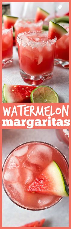 watermelon margaritas with lime and cucumber garnish on the rim