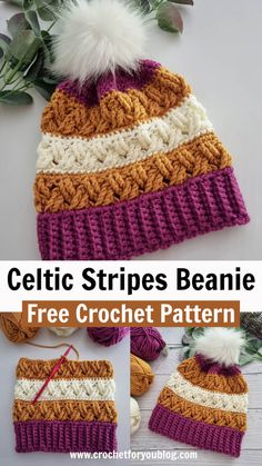 a crocheted beanie hat with two different colors and text that reads, celtic stripes beanie free crochet pattern