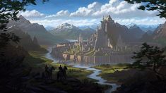 an image of a fantasy castle in the middle of some mountains with people on it