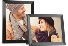 two black frames with a photo of a man and woman in winter clothes, one smiling