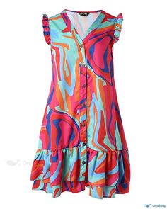 OrcaJump - Contemporary-Styled Abstract Print Dress featuring Chic Flutter Sleeves and Delicate Ruffle Accents Abstract Decoration, Dress With Flutter Sleeves, Abstract Print Dress, Chic Type, Daily Dress, Flutter Sleeves, Abstract Print, Dress Fabric, Flutter Sleeve