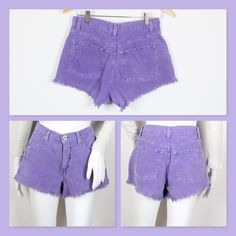 "Good vintage condition, cut off corduroy shorts. EXP Jeans by Express Brand. 100% cotton. Made in the USA. Vintage tag size 6. Raw hem. Very short inseam of two inches (2 1/2 if you include the fringe), so keep in mind. Light purple corduroy. Most likely made in the 80s. + Measurements: Waist: 28\" relaxed, 29\" pulled taut Inseam: 2\" ( 2 1/2\" including fringe) Rise:11\" Leg Opening:26\" Hips:41\" Vintage Wranglers have no stretch, so keep this in mind when reading measurements. If you'd like Lawman Jeans, 70s Shorts, Made In The 80s, Vintage Levi Shorts, Ankle Sleeve, Purple Vintage, Corduroy Shorts, Purple Shorts, Vintage Wrangler