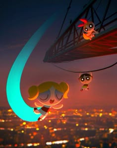 some cartoon characters are flying in the sky above a city at night with bright lights