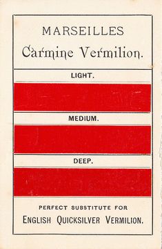 an old book with red and white lines on the cover, which reads marshelles carmine vermition light medium deep