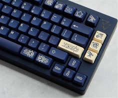 a blue keyboard with white letters and symbols on it