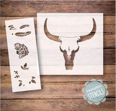 WallCutz Stencil Steer Skull - Boho Floral Stencil Bull Stencil, Ox Skull, Western Stencils, Feather Stencil, Wall Stencils Diy, Welcome Stencil, Flowers And Feathers, Skull Stencil, Fresh Flower Market